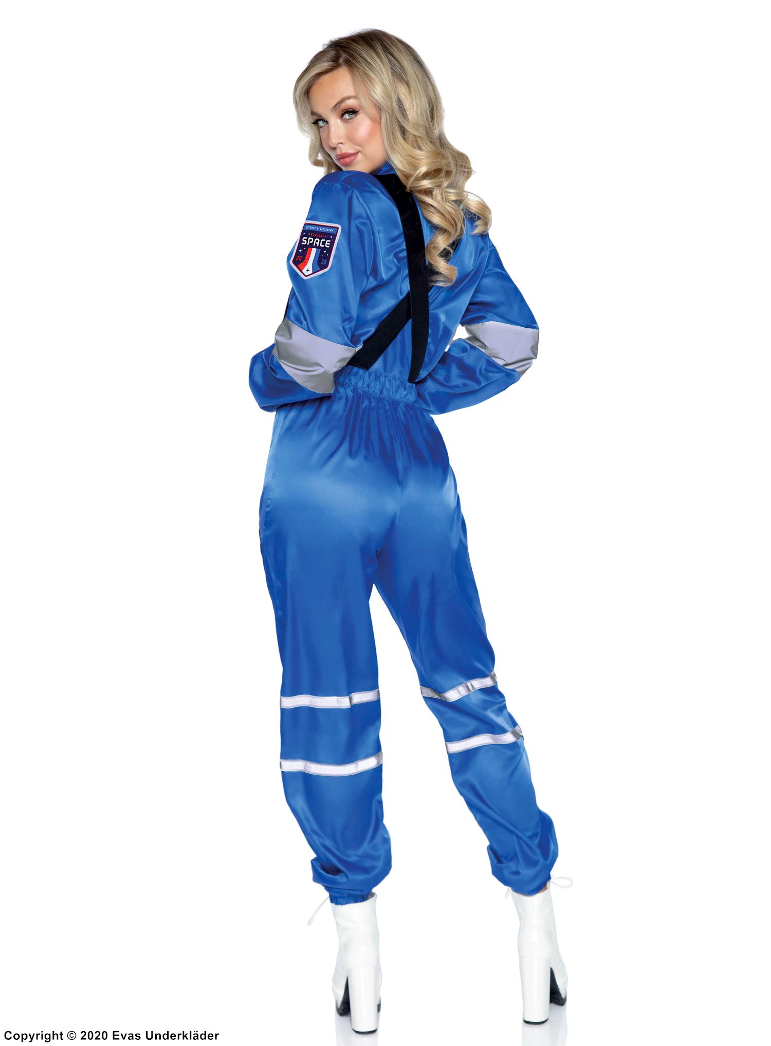 Female astronaut, costume jumpsuit, nylon, front zipper, suspenders